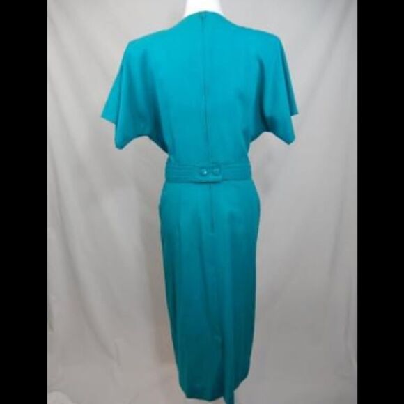 Vintage 80s Teal Dress Secretary Retro Linen Double Breasted Sheath Knee Length - Picture 3 of 13